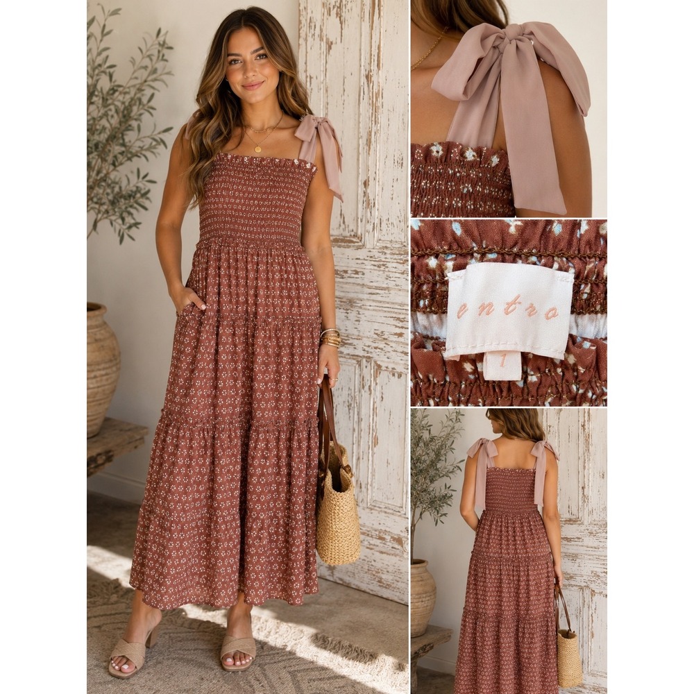 Entro Floral Smocked Tiered Maxi Dress Rust Brown Tie Shoulder Boho D24242 Large